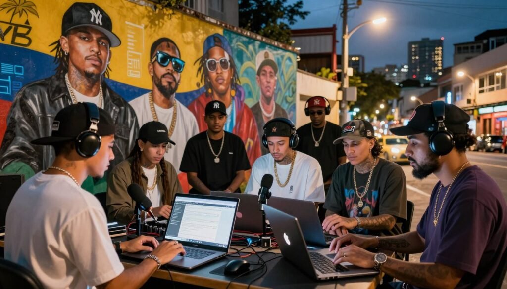 A vibrant illustration showcasing applications of AI in Colombian rap music. In the foreground, a diverse group of musicians, dressed in stylish, modest urban attire, collaborate around a high-tech music production setup, with laptops and microphones. The middle ground depicts an urban mural featuring iconic Colombian rap artists and digital elements, symbolizing integration with AI technology. In the background, a lively cityscape of Bogotá, illuminated by warm streetlights, reflects the creative spirit of the rap scene. Use soft, dynamic lighting to create an energetic and inspiring atmosphere, with a slightly angled perspective to enhance depth.