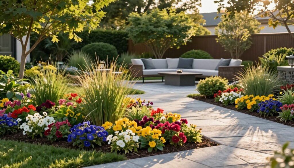A vibrant landscape design scene showcasing practical landscaping applications. In the foreground, a neatly arranged flower bed features colorful perennial flowers and ornamental grasses. The middle ground displays a beautifully crafted stone pathway leading to a modern outdoor seating area, complete with elegant yet comfortable furniture. In the background, lush green trees and shrubs frame the landscape, providing a serene atmosphere. The scene is illuminated by warm, golden sunlight, casting soft shadows that enhance the textures of the plants and stones. The image conveys a peaceful and inviting mood, perfect for exterior design inspiration. A wide-angle perspective captures the harmony of the elements, highlighting the innovation of landscaping practices.