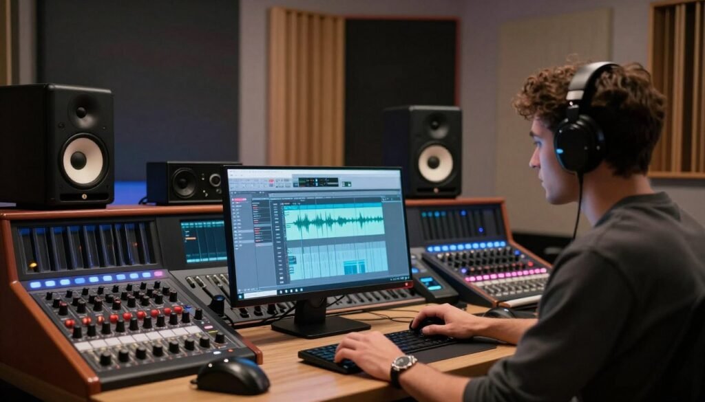 A vibrant, modern sound studio scene showcasing the art of audio mastering using artificial intelligence. In the foreground, a professional audio engineer, dressed in smart casual attire, is focused on a computer screen displaying a digital audio workstation filled with waveforms and AI-enhanced features. The middle ground features an array of high-tech audio equipment: mixing consoles, speakers, and microphones, all gleaming under dynamic LED lighting. In the background, soundproofed walls adorned with acoustic panels create an immersive environment. The lighting is soft but focused, casting a warm glow that enhances the creative atmosphere. The overall mood is one of innovation and professionalism, capturing the essence of audio mastering powered by AI technology.