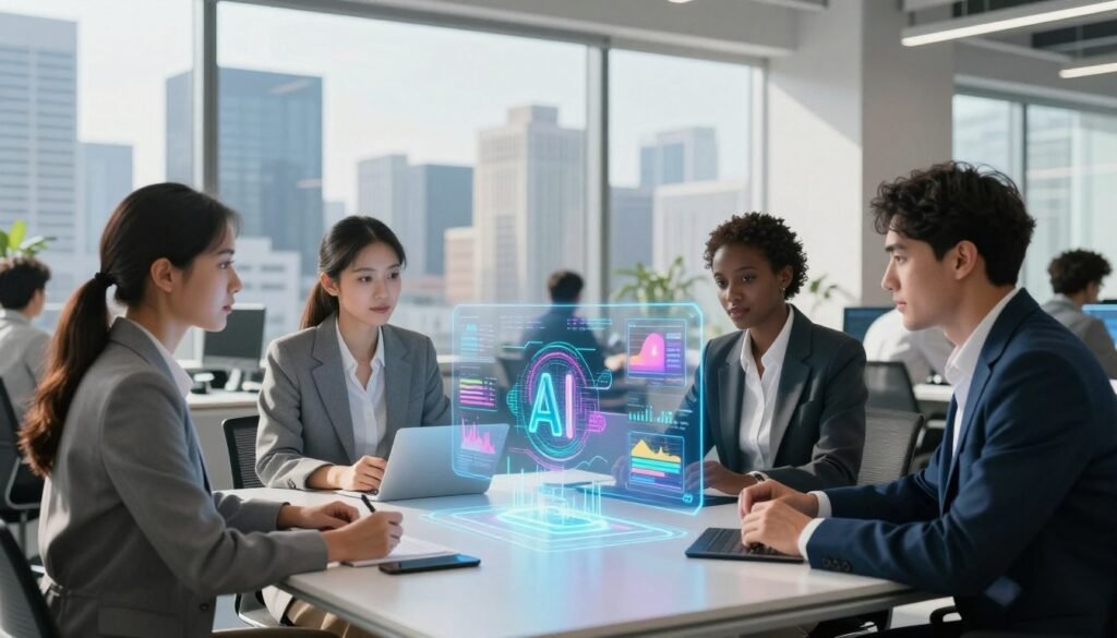 A vibrant modern workspace showcasing practical applications of AI in various industries. In the foreground, a diverse group of professionals—two women and one man—all dressed in smart business attire, collaborate around a sleek, futuristic table with holographic displays demonstrating AI-generated models and data analytics. In the middle, a detailed visual of AI algorithms at play, with color-coded graphs and charts showcasing their effectiveness in sectors like healthcare, finance, and manufacturing. The background features a panoramic window with a glimpse of a bustling city skyline, bright natural light flooding the room, casting soft shadows. The atmosphere should feel innovative and inspiring, emphasizing teamwork and technological advancement.