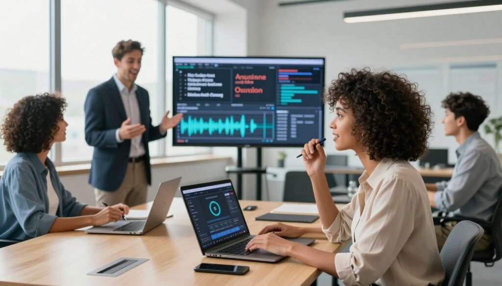 A vibrant, modern workspace with a diverse group of professionals engaged in a collaborative meeting. In the foreground, a focused woman with curly hair wearing a smart blouse, using a laptop to demonstrate AI-powered voice dubbing software. Beside her, a man in a suit gestures enthusiastically while another colleague, a woman in a casual but professional outfit, takes notes. In the middle ground, a large screen displays various languages and audio waveforms, symbolizing multilingual communication. The background features a bright, airy office with large windows letting in natural light, creating an inspiring atmosphere. The overall mood is dynamic and innovative, reflecting the transformative power of AI in online course dubbing.