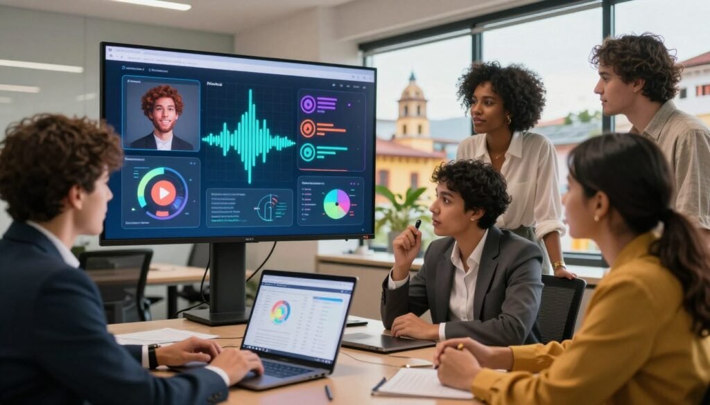 A vibrant office setting in Colombia illustrating the practical applications of AI voice narration. In the foreground, diverse professionals in smart business attire engage in a lively discussion around a laptop, showcasing graphs and visualizations related to voice AI technology. The middle layer features a large presentation screen displaying examples of AI-generated voice narratives, with audio waves and sound indicators in bright colors. In the background, Colombian landmarks can be faintly seen through a large window, suggesting a local context. The lighting is warm and inviting, creating a productive atmosphere. The angle is slightly angled downwards, emphasizing collaboration and innovation among the team. The overall mood is inspiring and futuristic, with a hint of local culture.