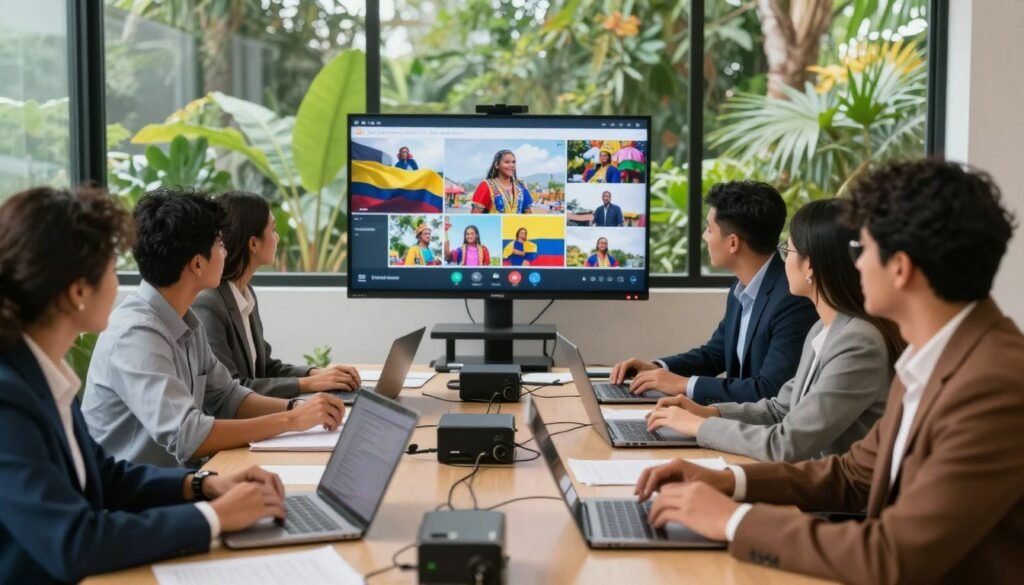 A vibrant office setting in Colombia showcasing the benefits of video translation and dubbing for businesses. In the foreground, a diverse group of professionals in smart business attire, collaborating around a table filled with laptops, scripts, and audio equipment. In the middle, a projector displays a colorful video content preview, emphasizing clarity and engagement. The background features lush greenery visible through large windows, representing Colombia's natural beauty and vibrant culture. Soft, natural lighting enhances the atmosphere, giving a warm and inviting feel. The scene conveys productivity, teamwork, and creativity in the context of video localization, highlighting the advantages it brings to local businesses. The angle provides a dynamic view of the collaboration, fostering an optimistic and professional environment.