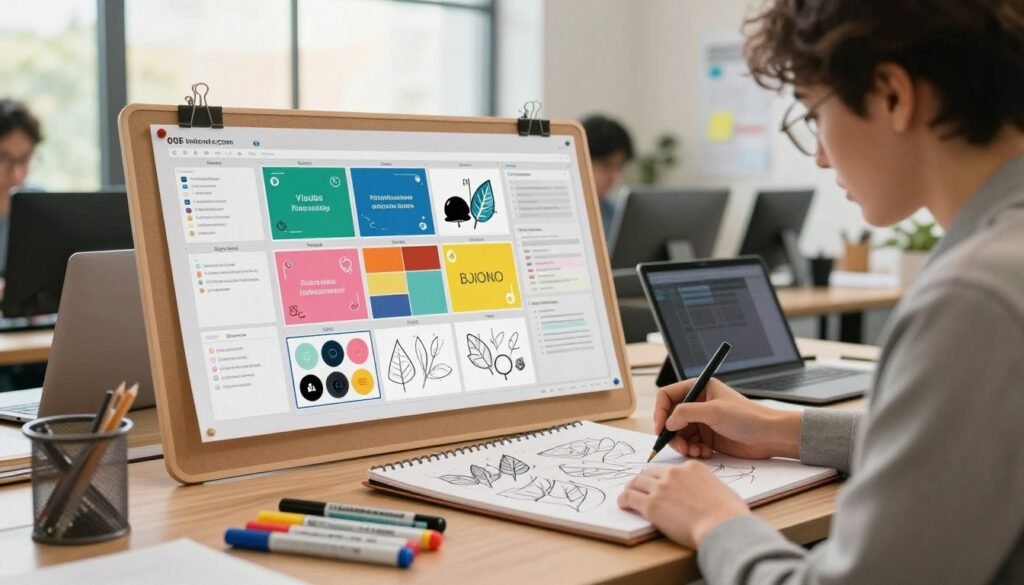 A vibrant, professional workspace displaying a storyboard creation process with elements emphasizing visual coherence and branding. In the foreground, an artist in business attire is sketching ideas on a large notepad, with colorful markers and digital tablets beside them. The middle ground features a visually organized storyboard pinned to a board, showcasing a blend of graphics and color palettes that reflect a cohesive brand identity. In the background, large windows with soft natural light illuminate the room, casting warm tones and creating an inviting atmosphere. The mood exudes creativity and professionalism, with a focus on collaboration and innovation in audiovisual management. The composition captures a dynamic yet orderly environment that highlights the theme of visual coherence in branding.