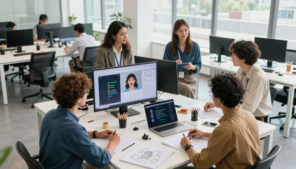 A vibrant scene illustrating innovative applications of AI in creative projects. In the foreground, a diverse group of three professionals, one man and two women, engaged in a collaborative brainstorming session, dressed in smart casual attire. They are surrounded by digital screens displaying visualizations of voice synthesis technology. In the middle ground, a large table cluttered with sketch pads, laptops, and small prototypes related to voice generation concepts. In the background, a bright, modern office space with floor-to-ceiling windows allows natural light to stream in, creating an energetic and inspiring atmosphere. The mood is one of creativity and teamwork, capturing the essence of collaborative innovation in a professional setting. The angle is slightly from above, offering a dynamic perspective on the engaged team.