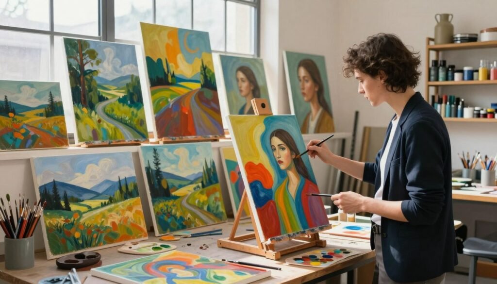 A vibrant studio filled with the essence of creativity, showcasing multiple oil paintings created through AI technology. In the foreground, an artist stands, attentively analyzing a colorful canvas, dressed in professional attire, with brushes and palettes scattered around. The middle layer features a display of diverse oil paintings, showcasing various styles and techniques—abstract, landscape, and portraiture—each radiating unique colors and textures. The background is a well-lit art studio with natural sunlight streaming through large windows, casting gentle shadows, and displaying shelves filled with art supplies. The mood is inspiring and innovative, reflecting personal experiences with AI in art generation, inviting viewers to explore the connection between technology and creativity.