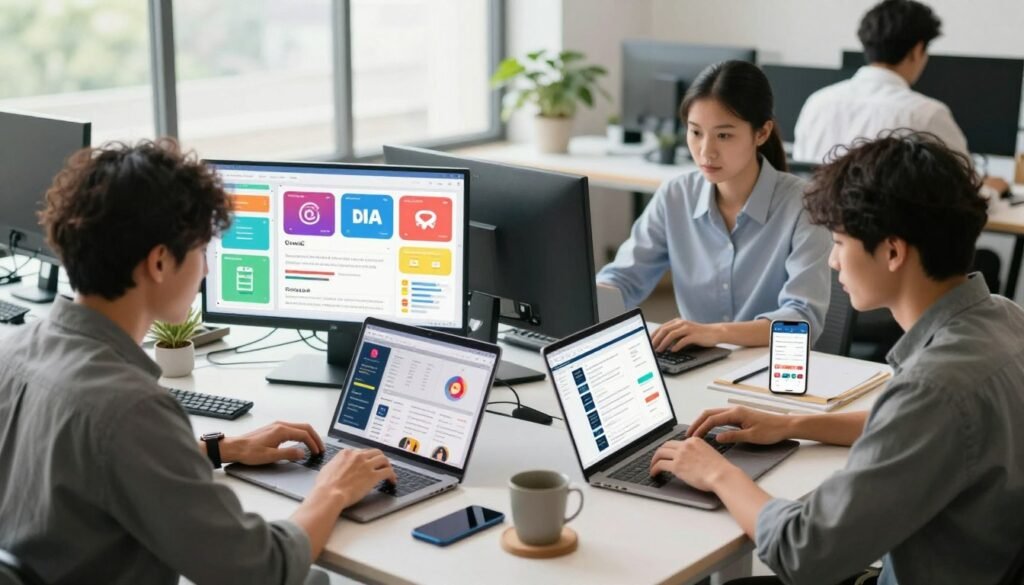 A vibrant workspace filled with digital content optimization elements for social media. In the foreground, a diverse group of three professionals in smart casual attire focuses intently on laptops and digital devices, analyzing social media metrics displayed on screens. The middle ground features colorful infographics and engaging visuals related to content strategies, with mobile devices showing popular platforms. In the background, a large window lets in soft, natural light, illuminating the room and creating a collaborative atmosphere. The mood is energetic and innovative, symbolizing the dynamic nature of social media marketing. The angle captures a slight overhead perspective, showcasing teamwork and creativity in digital content optimization.