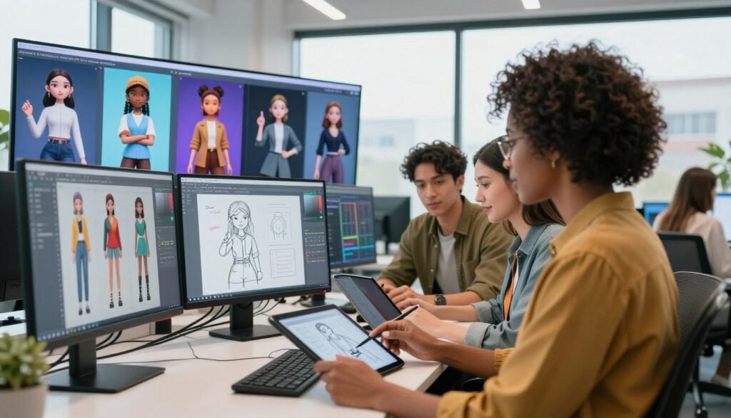 A vibrant workspace illustrating the "process of designing a virtual influencer." In the foreground, a digital creative team composed of three diverse professionals in smart casual attire, collaborating at sleek computers, analyzing data, and sketching designs on tablets. The middle ground features an array of futuristic digital screens showcasing 3D models of virtual influencers in various poses and styles, highlighting their unique features and fashion. The background is a modern office environment with large windows allowing natural light to flood the space, creating an energetic atmosphere. Soft lighting focuses on the team's expressions of creativity and focus, while colors emphasize innovation and technology. The overall mood conveys professionalism, creativity, and the exciting future of digital influencers.
