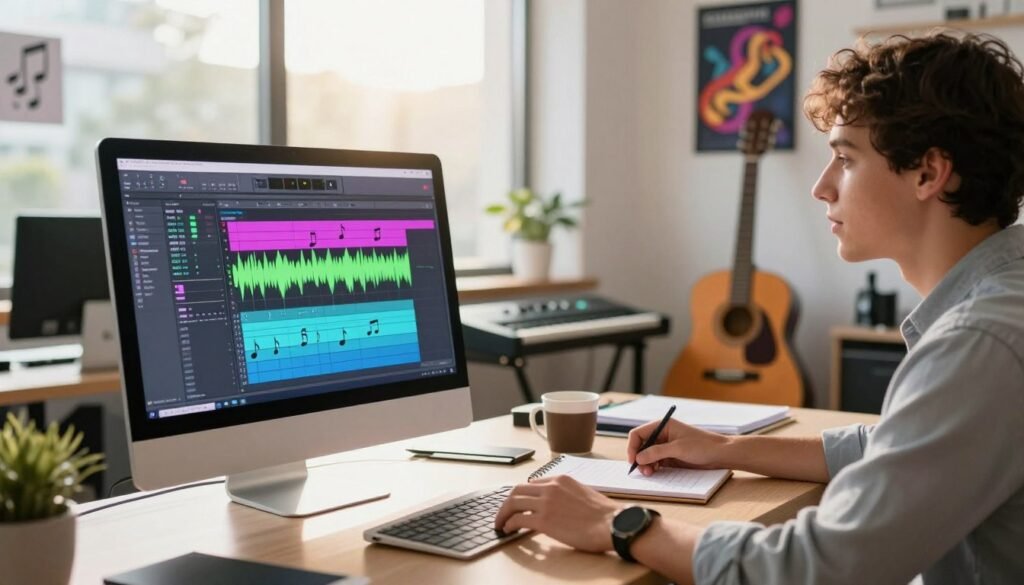 A vibrant workspace scene depicting the steps to create an AI-generated jingle. In the foreground, a computer screen displays a colorful digital audio workstation interface filled with music notes, waveforms, and sound effects. A person, dressed in smart casual attire, sits focused at the desk, with a notepad and a coffee mug beside them, looking inspired. In the middle ground, an array of musical instruments like a keyboard and guitar are slightly out of focus, hinting at creativity in the environment. The background features a large window letting in warm sunlight, illuminating a bright, modern office with motivational posters about music and creativity. The atmosphere is energizing, encouraging creativity and innovation, perfect for crafting jingles.
