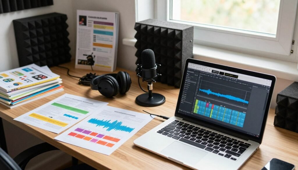 A vibrant workspace showcasing tools and resources for creating educational audio content. In the foreground, a sleek laptop displays sound editing software on the screen. Beside it, colorful audio waveform visualizations are printed on paper. In the middle, a microphone, headphones, and soundproofing panels are arranged neatly, emphasizing a professional setup. A variety of educational resources, like books and instructional guides, are scattered around, hinting at a creative atmosphere. The background features a clear, well-lit window, allowing natural sunlight to flood the room, creating a warm and inviting mood. Use a slightly elevated angle to capture this organized space, focusing on the productivity and innovation in educational audio creation.
