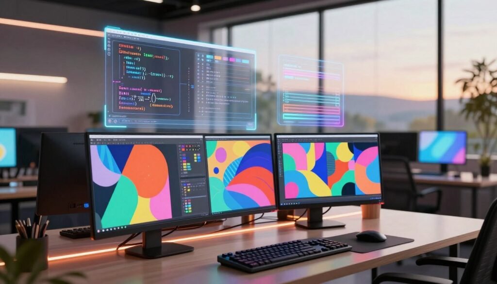 A visually captivating scene illustrating digital art creation algorithms. In the foreground, a sleek computer workstation displays an array of colorful digital canvases filled with abstract shapes and vibrant patterns, with vibrant colors illuminated by soft LED lights. The middle ground features a holographic interface showcasing algorithmic formulas and artistic tools floating seamlessly above the desk. In the background, a modern studio with large windows offers a view of a serene landscape, enhancing focus and creativity. The lighting is warm and inviting, with a slight glow emanating from the screens, creating an atmosphere of innovation and inspiration. The overall mood is dynamic and forward-thinking, reflecting the fusion of technology and art in the creation of digital masterpieces.