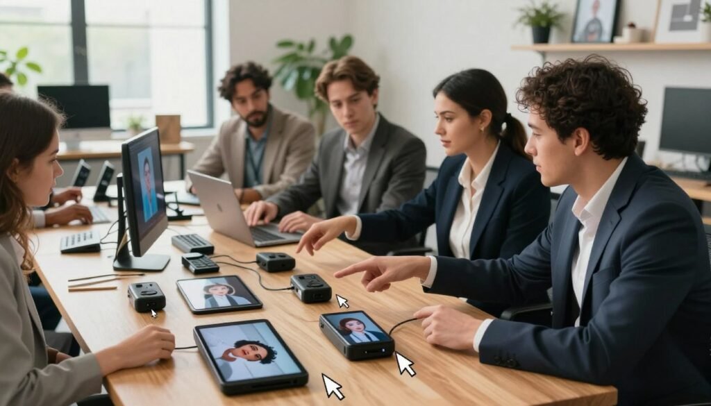 A visually captivating workspace featuring a professional setting where a diverse group of individuals, dressed in smart business attire, are collaborating on a project. In the foreground, there are a series of high-quality photographs and compact audio devices neatly arranged on a sleek wooden table, with cursors hovering over them as if in selection. The middle ground showcases the engaged team members discussing and pointing at their devices, embodying focus and creativity. In the background, soft natural light streams through large windows, illuminating a contemporary studio filled with technology, plants, and creative tools. The overall mood is dynamic yet professional, emphasizing collaboration and innovation in the context of facial animation preparation.
