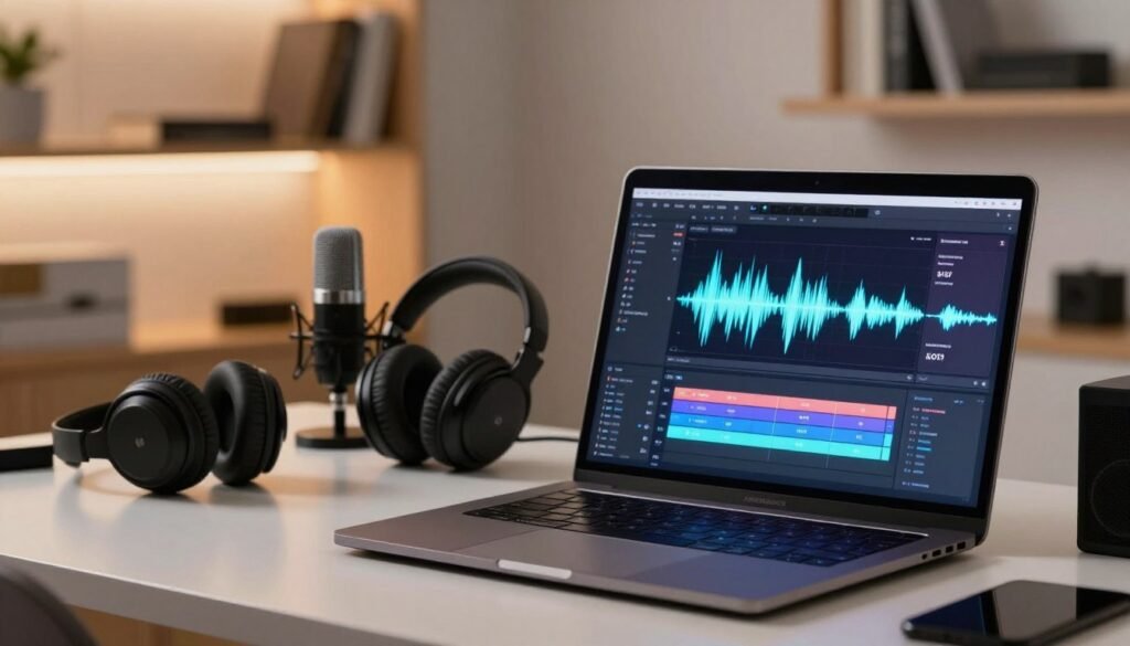 A visually dynamic workspace featuring a modern digital editing interface showcasing AI tools for audio editing in a sleek, minimalist style. In the foreground, a laptop with a vibrant screen displaying waveforms and AI-driven editing software, including tools for silence removal, highlighted with intuitive graphical elements. In the middle ground, various electronic devices like microphones and headphones, neatly arranged, signaling a professional audio setup. The background features soft-focus shelves with books on technology and audio engineering, bathed in warm, ambient lighting creating a productive and innovative atmosphere. The scene conveys a sense of creativity and efficiency, evoking the future of audio editing with AI support, inviting viewers into a world of technological advancement.