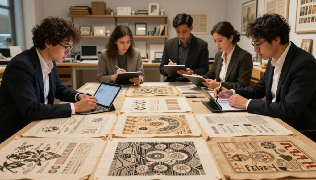 A visually engaging comparison of ancestral samplers, specifically the Karras version, depicted artistically. In the foreground, showcase an array of intricate sampler patterns, each one meticulously detailed, demonstrating various sampling techniques. The middle ground features artists in professional business attire, analyzing the samplers with digital devices and notepads, highlighting a sense of collaboration and innovation. In the background, a softly lit laboratory or design studio environment with shelves filled with historical references to sampling methods. Ambient lighting casts a warm glow, enhancing the atmosphere of creativity and technological advancement. The image should evoke curiosity and a sense of historical depth while maintaining a modern aesthetic focused on the intricacies of image generation techniques.