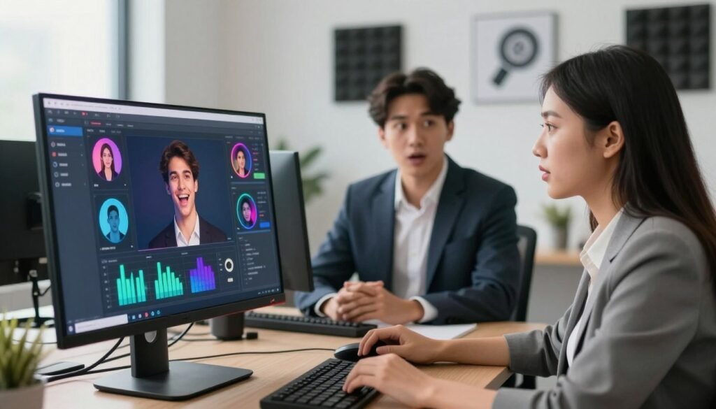 A visually engaging comparison of online voice changers, set in a modern workspace. In the foreground, a sleek computer monitor displays a vibrant interface of various voice changer software features, including graphical representations of voice modulation. In the middle ground, two users—one male and one female, dressed in professional business attire—interact with the software, showcasing expressions of intrigue and focus. The background features a bright and airy office environment with subtle tech-themed decorations, such as soundproofing panels and microphone stands. Soft, natural lighting illuminates the scene, creating a productive and innovative atmosphere. The camera angle is slightly elevated, providing a clear view of the screen and the engaged users, highlighting the theme of AI-driven voice transformation technology.