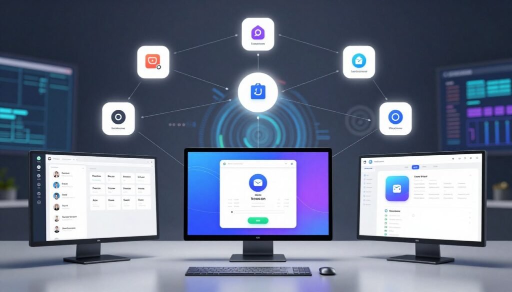 A visually engaging comparison of voice platforms and tools, presented in a sleek, modern aesthetic. In the foreground, display three distinct digital screens, each showcasing user interfaces of popular voice recognition software, with vibrant graphics and intuitive designs. In the middle, depict a stylized flowchart illustrating the relationships and features between these platforms, with connecting lines and icons representing key functionalities. In the background, softly blurred abstract tech-themed visuals and data analytics charts evoke a sense of innovation and advancement in artificial intelligence. Illuminate the scene with bright, focused lighting to emphasize the screens, creating a professional atmosphere. The overall mood should convey futuristic technology and efficiency, suitable for a business and technology audience. No text or labels on the image.