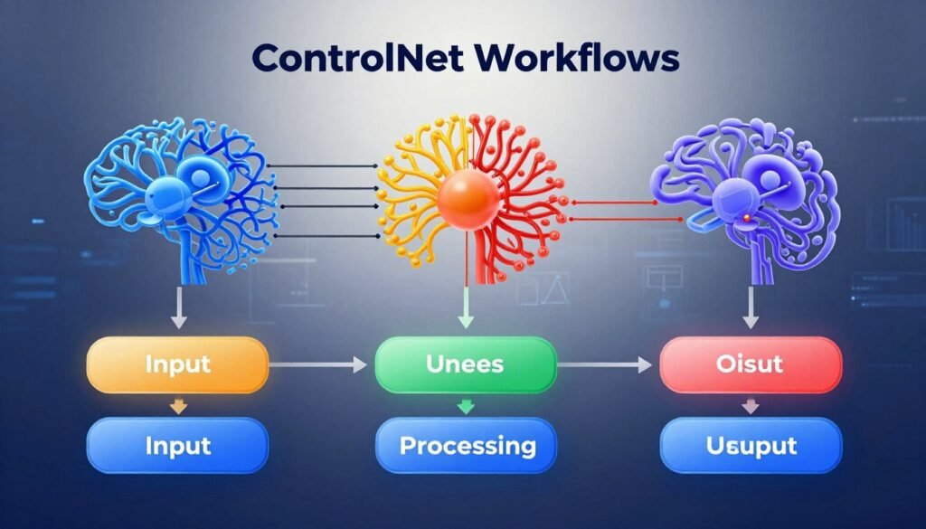A visually engaging diagram illustrating "ControlNet Workflows". In the foreground, show layered graphical elements representing various stages of image generation, like input, processing, and output nodes connected with arrows. The middle ground features abstract representations of neural networks and data flow, using vibrant colors to convey information transfer. In the background, a subtle tech-inspired gradient creates a modern atmosphere, with soft lighting to enhance clarity. Use a wide-angle perspective to frame the elements, giving depth to the composition. The design should evoke a sense of innovation and sophistication while maintaining a professional tone.