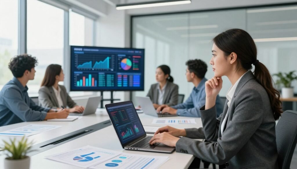 A visually engaging scene depicting a modern office environment focused on the challenges and considerations of implementing AI improvements. In the foreground, a professional woman in business attire is analyzing data on a laptop, looking thoughtfully at a large screen displaying complex graphs and AI algorithms. The middle of the image showcases a diverse team of professionals discussing strategies around a conference table, with charts and AI-related materials scattered around. The background features a bright and airy office space, with large windows allowing natural light to flood in, creating a vibrant atmosphere. The overall mood is one of innovation and collaboration, highlighting the dynamism and complexity involved in integrating AI solutions. The lighting is bright yet soft, creating a professional and focused ambiance.