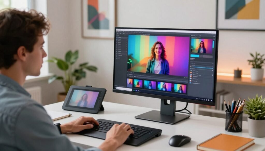 A visually engaging scene depicting a professional workspace where a person is analyzing video content on a computer screen, showcasing the transfer of video style with AI. In the foreground, a focused individual sits at a sleek, modern desk with a high-resolution monitor displaying dynamic colorful effects representing video style transfers. In the middle ground, tools like a graphics tablet and notebooks are visible, emphasizing creativity and technical proficiency. The background includes a well-lit room adorned with inspirational art and plants, creating a vibrant and motivating atmosphere. Soft LED lighting highlights the workspace, while natural light streams in from a nearby window, adding warmth. The overall mood is innovative and inspiring, perfect for conveying good practices in video style transfer.