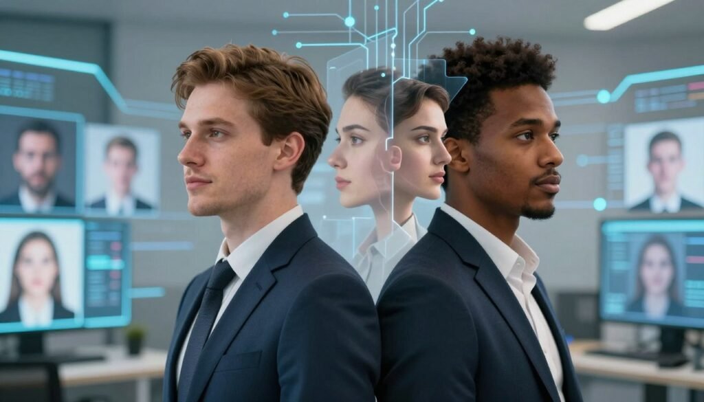 A visually engaging scene illustrating the concept of face swapping, featuring two diverse individuals standing back-to-back, each with half of a digitally altered face blended into the other. The foreground shows sharp details of their professional attire—one in a neat suit and the other in smart casual wear, representing a fusion of modernity and technology. In the middle ground, a transparent overlay of several digital faces emerging and merging, highlighting the transformational process of swapping facial features. The background is a softly blurred tech-themed environment with luminous circuits and screens displaying various facial transformations, creating a high-tech atmosphere. The lighting is bright and even, accentuating the clarity of their expressions, with a slight emphasis on the dynamic interaction between their swapped features. The overall mood is innovative and inspiring, capturing the essence of AI-driven face swapping technology.