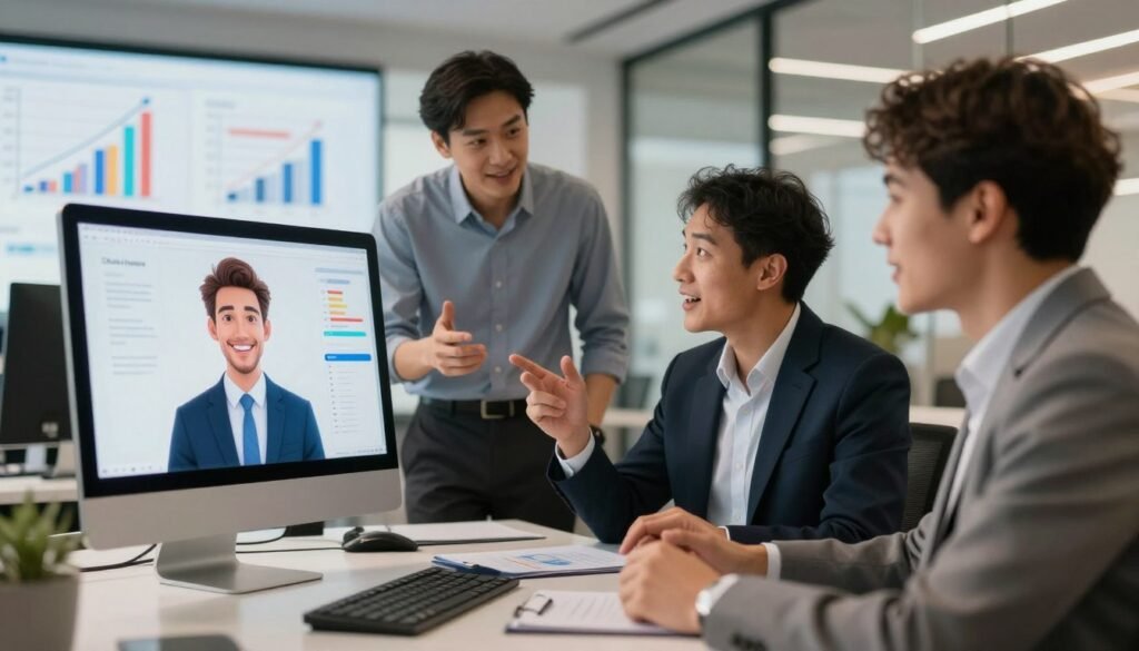 A visually engaging scene showcasing the benefits of AI-generated avatars for time and cost savings. In the foreground, a sleek digital workspace featuring a computer with a vibrant avatar on the screen, embodying professionalism and energy. In the middle, a diverse group of business professionals, dressed in smart attire, are animatedly discussing the advantages of AI tools, their expressions reflecting excitement and innovation. The background reveals a modern office environment with digital charts and graphs illustrating efficiency and savings. Soft, warm lighting enhances the atmosphere of collaboration and progress, with a shallow depth of field to create a focus on the conversation. A sense of motivation and forward-thinking permeates the image, exemplifying the practical impact of AI avatars in today’s business landscape.