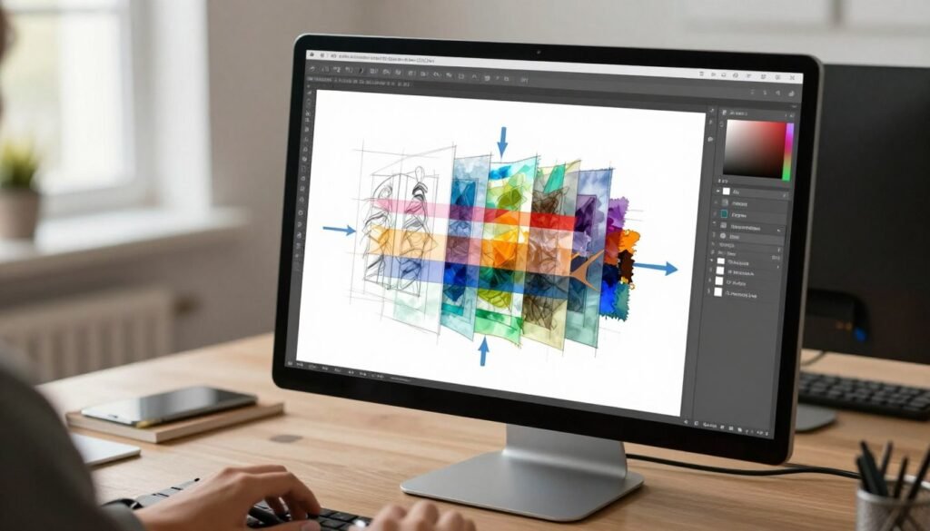 A visually engaging step-by-step illustration of the image generation process using layers with AI. In the foreground, showcase an artist's digital workspace featuring a computer, a stylus, and an open software interface displaying various layers of an image. In the middle ground, depict a partially completed artwork breaking down into its layered components, such as sketches, colors, and textures, with arrows indicating the progression. The background should be softly blurred, featuring a contemporary office setting with ambient natural light streaming in through a window, creating a calm and focused atmosphere. Use a high-angle perspective to give depth and clarity to the layers while maintaining a professional look, evoking creativity and innovation.