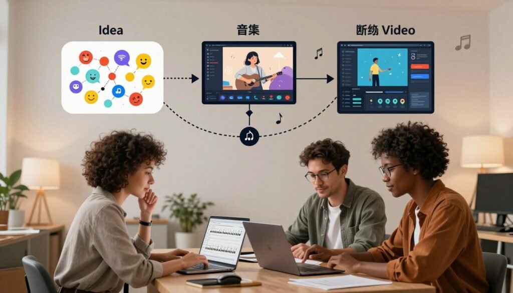 A visually engaging step-by-step illustration of the music generation process using AI, showcasing a creative workspace. In the foreground, a diverse team of three professionals (a woman in business attire, a man in smart casual clothing, and a middle-aged person wearing creative attire) collaborates over a laptop, analyzing a music composition. In the middle, a flowchart depicting stages from “Idea” to “Final Video” elegantly flows, with vibrant icons representing brainstorming, composition, and video editing. The background features soft, ambient lighting enhancing a focused, innovative atmosphere with musical notes and digital elements subtly integrated into the design. Use a wide-angle lens to capture both people and the expansive workspace, creating a sense of collaboration and creativity.