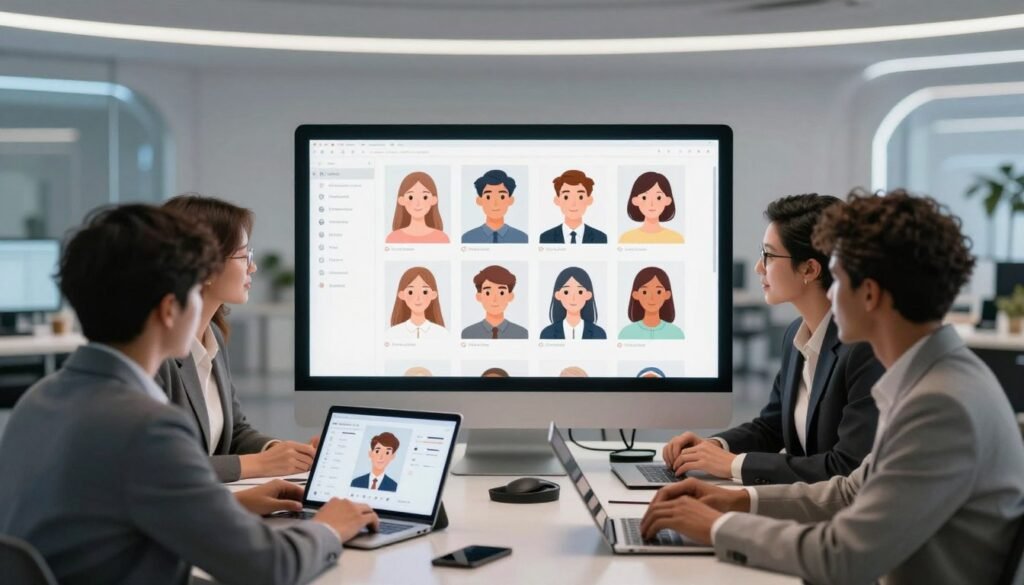 A visually engaging step-by-step illustration of the process of creating a custom avatar using artificial intelligence. In the foreground, display a diverse group of people, dressed in professional business attire, interacting with a computer or tablet, presenting their design ideas. In the middle, depict the digital interface on the screen showing various customization options like facial features, hairstyles, and accessories. In the background, include a futuristic workspace with soft, ambient lighting to create a tech-savvy atmosphere, emphasizing innovation and creativity. Use a wide-angle perspective to capture the collaboration and excitement in the room, ensuring the overall mood is inspiring and productive.