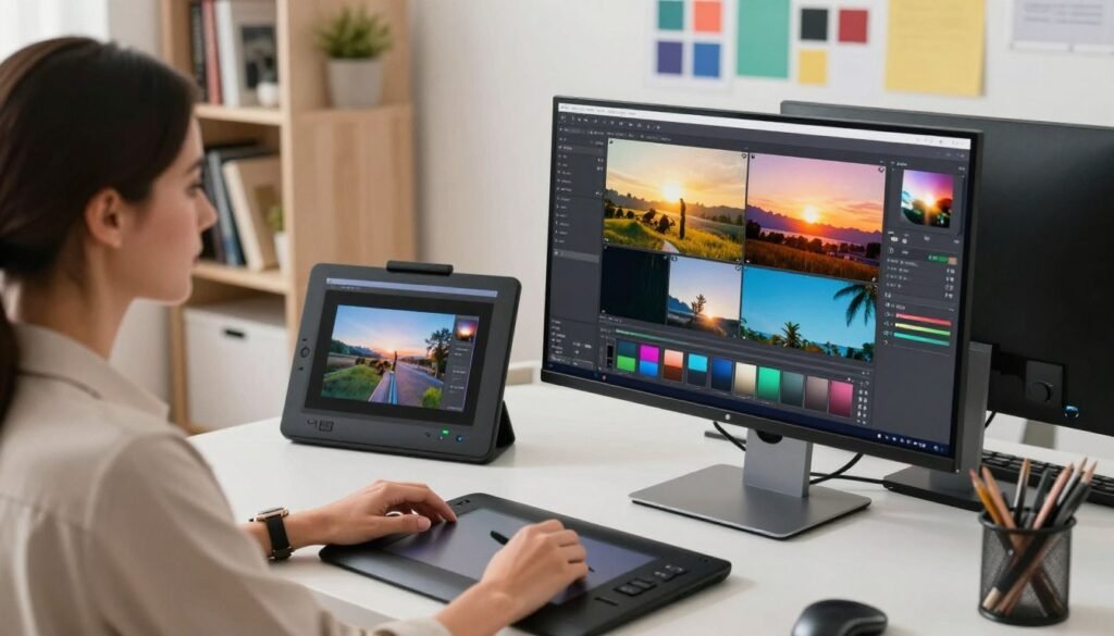 A visually engaging step-by-step process of video outpainting, set in a modern digital workspace. In the foreground, a professional woman in smart casual attire is intently working on a high-resolution monitor displaying vibrant video frames being expanded creatively. In the middle ground, various digital tools, such as a graphics tablet and editing software interface, can be seen with highlighted features demonstrating the outpainting process. The background features sleek bookshelves filled with video production references and colorful mood boards. Soft, diffused lighting creates an inspirational atmosphere, suggesting innovation and creativity, accentuating the dynamic exchange of ideas in this artistic environment. The angle captures the workspace from a slightly elevated perspective, drawing viewers into the scene.