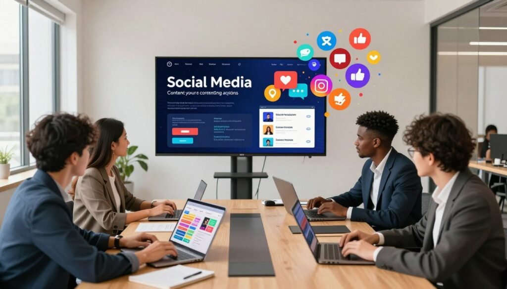A visually engaging workspace showcasing the practical applications of social media and digital content creation. In the foreground, a diverse group of professionals, dressed in smart casual attire, collaborate around a modern conference table filled with laptops and digital devices displaying vibrant social media posts and analytics. In the middle, a large digital screen displays a dynamic infographic illustrating key strategies for content consistency across platforms, while colorful digital icons of popular social media networks float around. In the background, a bright and airy office space with large windows filters in natural light, creating an inviting atmosphere. The overall mood is focused and innovative, emphasizing collaboration and creativity in the digital landscape. Use a wide-angle lens to capture depth and a warm color palette to evoke positivity.