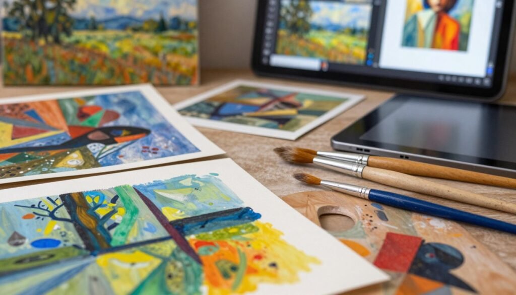 A visually striking collage representing various artistic styles and formats. In the foreground, vibrant splashes of color depict abstract art, seamlessly blending with textures inspired by impressionism and cubism. The middle layer features artistic tools like brushes, palettes, and digital art tablets, signifying the creative process. In the background, a serene landscape contrasts traditional painting with modern digital screens, showcasing the evolution of art forms. The lighting is soft and diffuse, creating a warm, inviting atmosphere. A shallow depth of field gives focus to the tools while softly blurring the background. Capture a harmonious blend of creativity, innovation, and artistry that reflects exploration in the world of art styles.