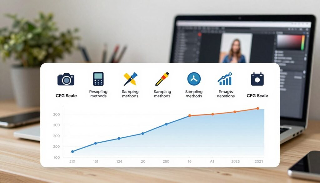A visually striking comparison chart illustrating the CFG Scale alongside other image generation parameters like sampling methods and resolution. In the foreground, a well-designed graph showcases different values for CFG Scale, depicted with vibrant colors and clear markers. The middle layer features diverse, stylized icons representing each parameter, such as a camera for resolution and a brush for artistic style. In the background, a soft-focus workspace setting hints at a creative environment with a laptop displaying image generation software. The lighting is bright and professional, enhancing clarity, while a shallow depth of field keeps the focus on the comparison chart. The mood is analytical yet inspiring, inviting viewers to explore the nuances of image generation techniques.