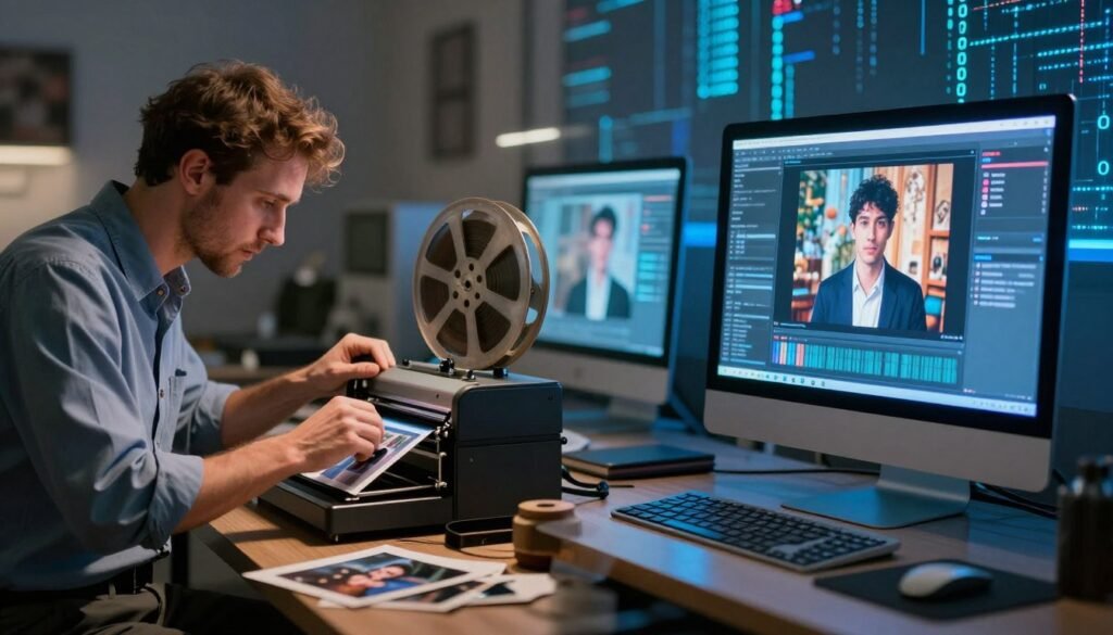 A visually striking comparison image illustrating traditional image enhancement methods versus artificial intelligence techniques. The foreground features two distinct sides: on the left, a professional technician in business attire carefully adjusting an analog image enhancement setup, such as a vintage photo enlarger, with tools and photographs scattered around. On the right, a modern digital workspace showcasing a sleek computer with a vibrant monitor displaying an AI-powered image upscaling interface, illuminated by soft blue light. The middle grounds show a blurred transition with visual elements symbolizing both processes—analog tools like film reels and digital elements like binary codes. The background is filled with an abstract representation of technology and artistry merging, creating a harmonious yet contrasting atmosphere. The overall mood is one of innovation and nostalgia, enhanced by dynamic lighting that emphasizes the dichotomy between past and future.