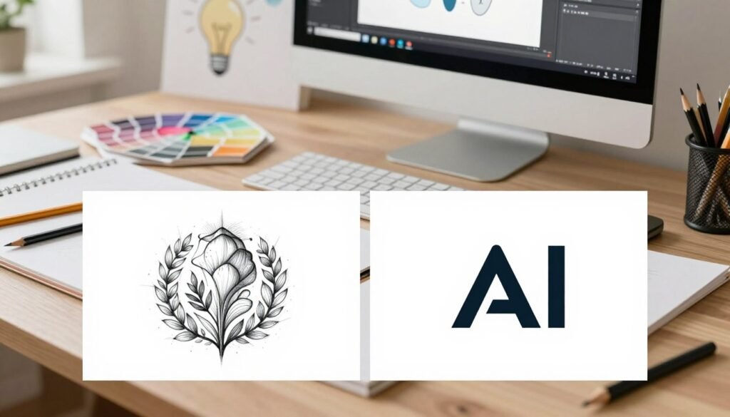 A visually striking comparison of logo designs created by traditional methods versus AI. In the foreground, display two logos: one designed through traditional sketching with pencils and brushes, featuring intricate details and organic shapes; the other a sleek, modern logo created by AI, showcasing geometric precision and minimalistic appeal. In the middle, illustrate a well-organized workspace featuring tools of both design approaches—a sketchpad and color swatches beside a computer with design software open. In the background, include subtle elements representing creativity, like lightbulbs and abstract shapes. Use soft, natural lighting to evoke a warm and inviting atmosphere, with a balanced focus on both logo design methodologies. The overall mood should inspire creativity and innovation, emphasizing the evolution of logo design.