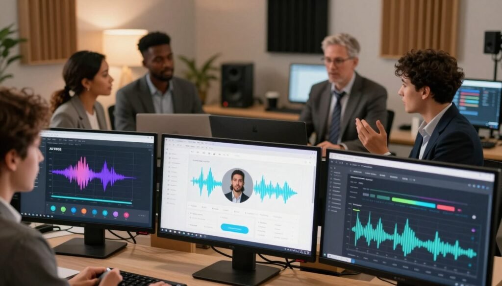A visually striking comparison of various AI voice generator interfaces. In the foreground, feature three modern computer screens, each displaying a different voice generation software with colorful graphs and waveforms, highlighting their unique features. The middle ground reveals a diverse group of professional voiceover artists, all dressed in smart business attire, discussing these tools among themselves, illustrating collaboration and expertise. In the background, a soft-focus room filled with advanced audio equipment and acoustic panels to set a professional atmosphere. Use warm, inviting lighting to create a sense of innovation and opportunity, with a slight tilt angle to enhance the dynamic perspective. The mood should be one of excitement and future possibilities in the realm of AI-generated voice technology.