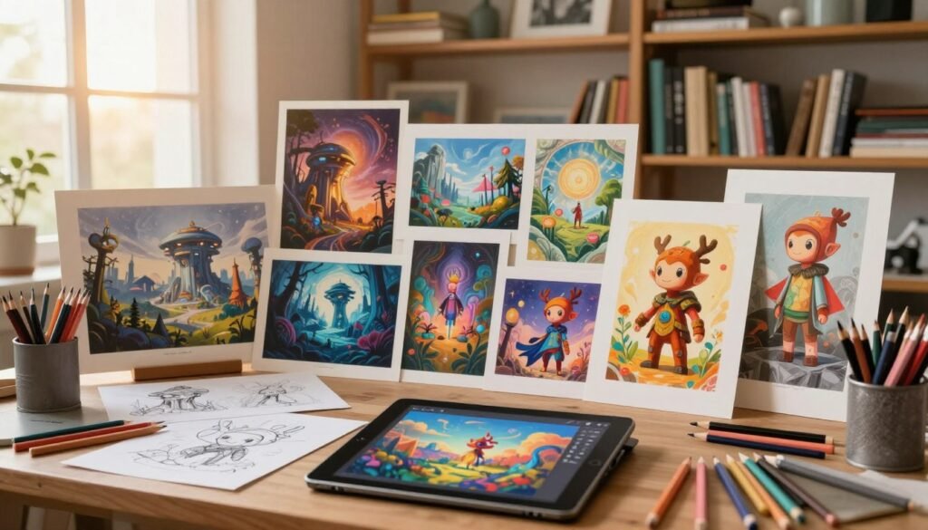 A visually striking composition showcasing a variety of artistic styles for concept art. In the foreground, an artist's workspace filled with sketches, colored pencils, and a digital tablet displaying vibrant designs. In the middle, a diverse array of concept art pieces on display, ranging from futuristic landscapes to whimsical character designs, each representing different artistic styles like realism, surrealism, and abstract. The background features a cozy studio setting with wooden shelves lined with art books and a large window letting in warm, golden sunlight. The atmosphere is creative and inspiring, inviting a sense of exploration and imagination. Utilize a soft-focus lens to create a dreamy depth, capturing the essence of artistic selection and visual composition.