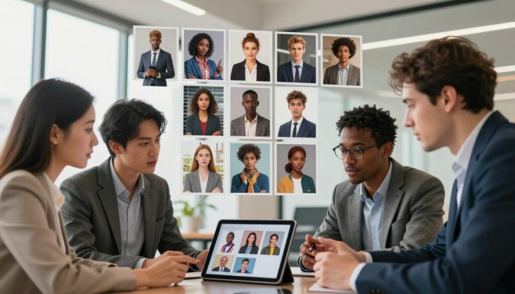 A visually striking concept collage featuring a diverse group of three professional characters—one female and two male—analyzing reference images on a digital tablet. In the foreground, the characters are dressed in smart business attire, engaged deeply in discussion, showcasing expressions of focus and creativity. In the middle, a series of varied reference images float, depicting different character designs and styles, each framed to show detail and diversity. The background elegantly fades into a modern office space with large windows, allowing natural light to flood in, enhancing an atmosphere of inspiration and innovation. Use a warm color palette, and capture the scene from a slight low angle to emphasize the characters’ engagement with the visuals. The overall mood should be collaborative and intellectually stimulating, highlighting the concept of consistency in character design through reference imagery.