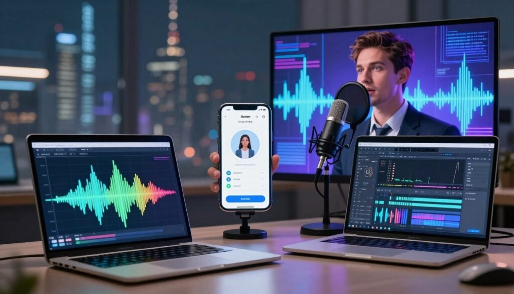 A visually striking concept for "voiced cloning applications" featuring a sleek modern workspace. In the foreground, a laptop displays a colorful audio waveform graphic, symbolizing voice manipulation. Nearby, a professional in business attire, a focused look on their face, is using a microphone to record their voice against a vibrant graphic backdrop of digital sound waves. In the middle ground, various creative applications are represented, such as a smartphone showcasing a voice assistant interface and audio editing software on another laptop. The background fades into a blurred tech-inspired cityscape, illuminated by soft, ambient lighting creating an innovative and futuristic atmosphere. The overall mood conveys creativity, professionalism, and the cutting-edge nature of AI voice cloning technology.