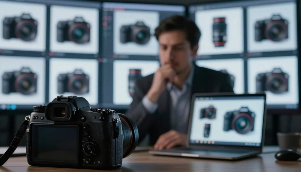 A visually striking, conceptual image depicting the limitations and challenges of AI photography. In the foreground, an elegant camera with intricate settings appears slightly blurred, symbolizing complexity. The middle ground shows a blurred marketer with a thoughtful expression, wearing professional business attire, analyzing product images on a laptop that display anomalies and inconsistencies caused by AI. In the background, a wall of digital screens showcases various product photos with noticeable distortions and errors, representing the pitfalls of AI technology. The lighting is dim yet focused, emphasizing the tension between innovation and the struggles present in AI photography. The overall mood should convey a sense of contemplation and challenge in adapting to technological advancements in product photography.