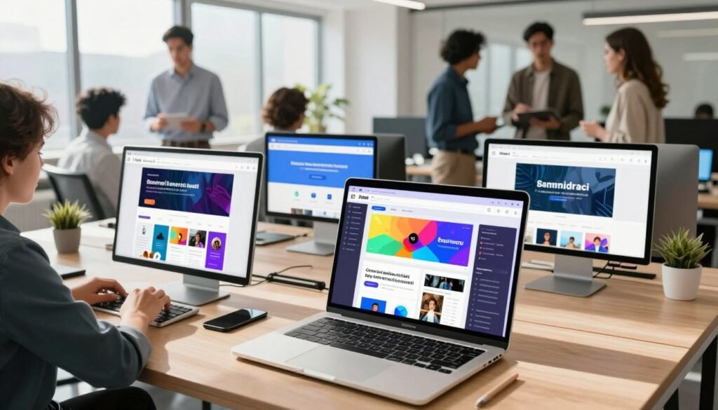 A visually striking digital workspace displaying a collection of leading AI banner generation tools and platforms. In the foreground, a sleek laptop with a vibrant design showcases an open interface of a banner creation tool, featuring colorful templates and graphic design elements. In the middle, a series of modern desktops and tablets display various platforms, while professional individuals in smart business attire engage in discussions. The background reveals a bright, inviting office space with large windows allowing natural light to flood in, casting soft shadows. The atmosphere is energetic and collaborative, reflecting innovation and creativity in the advertising sector. Use a wide-angle lens to capture the full workspace, ensuring a crisp, high-resolution image with a balance between clarity and artistic flair.