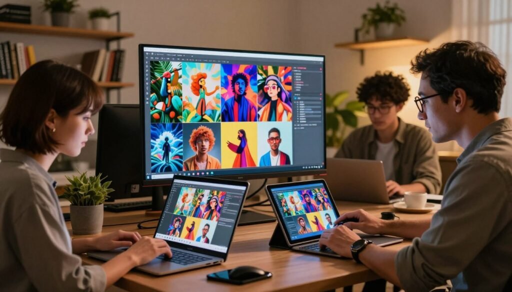 A visually striking digital workspace featuring a diverse group of individuals actively using various free alternatives to Midjourney for AI image generation. In the foreground, a focused young woman with short hair types on a sleek laptop, while a middle-aged man in glasses reviews colorful AI-generated images on a tablet. In the middle, a large screen displays a vibrant collage of stunning, photorealistic images showcasing different artistic styles. The background contains shelves filled with books and plants, under warm, ambient lighting that creates an inviting and creative atmosphere. The scene is shot at a slight angle to emphasize interaction and collaboration, evoking a sense of innovation and excitement in the realm of AI creativity.