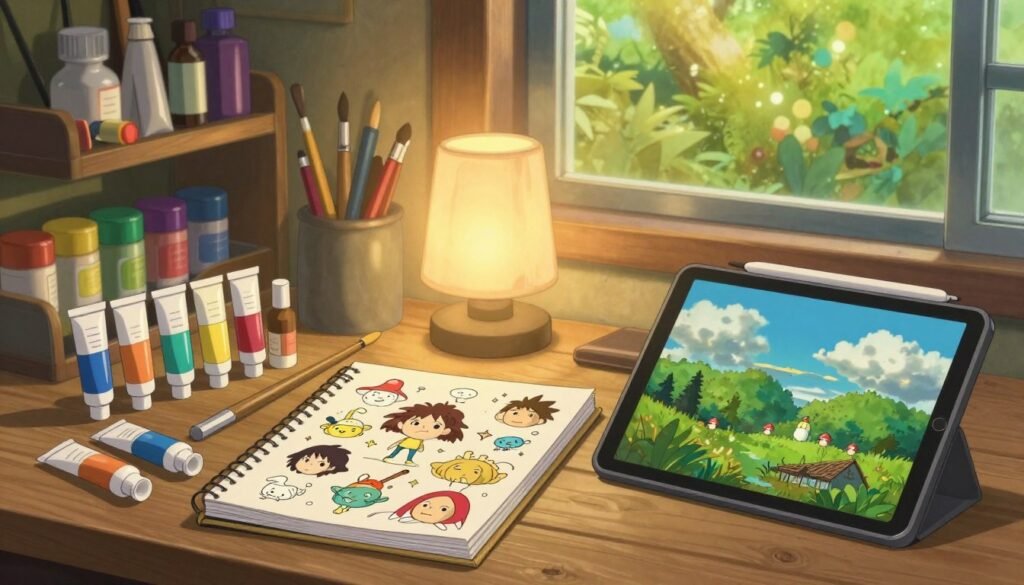 A visually striking illustration of artistic tools inspired by Studio Ghibli, arranged neatly on a wooden workspace. In the foreground, there are vibrant paint tubes, a sketchbook filled with whimsical character designs, and a digital tablet displaying a Ghibli-style landscape. The middle ground features a cozy lamp casting a soft, warm light, creating an inviting atmosphere. In the background, colorful art supplies are displayed on shelves, with a window showcasing a serene forest view bathed in golden sunlight. The overall mood is creative and imaginative, evoking the enchanting spirit of Ghibli films. The image should have a sharp focus on the tools, with a slightly blurred background to enhance depth.