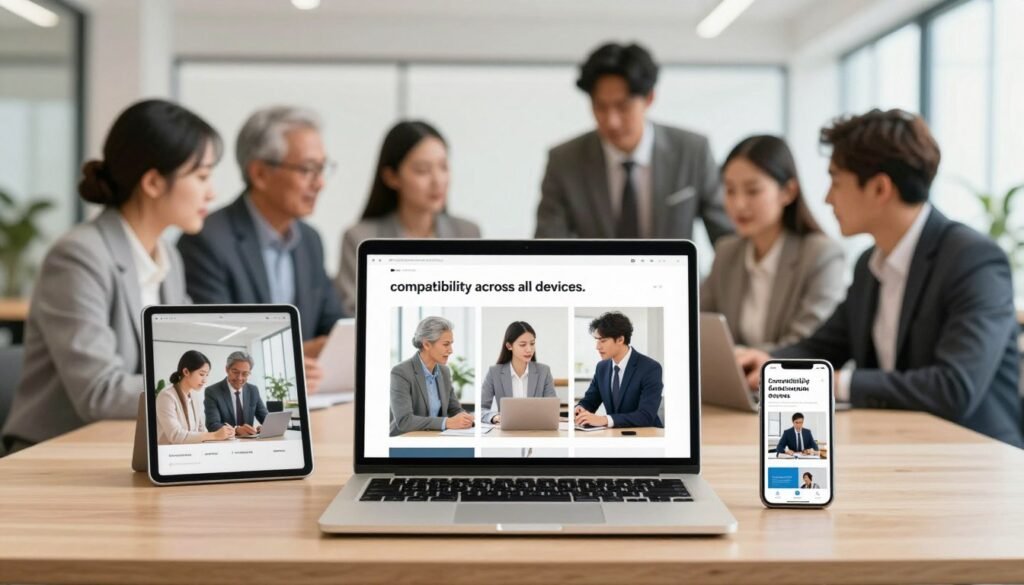 A visually striking illustration that conveys the concept of "compatibility across all devices." In the foreground, depict a modern workspace featuring a sleek laptop, a tablet, and a smartphone, all displaying high-resolution images. The middle layer should include a diverse group of individuals dressed in professional business attire, collaboratively discussing the screens, showcasing the interactions between different devices. The background can be an open office environment with large windows allowing natural light to flood the space, creating an inviting and productive atmosphere. Use a soft focus for the background to highlight the devices and people in the foreground, with a warm color palette to evoke a sense of innovation and harmony.