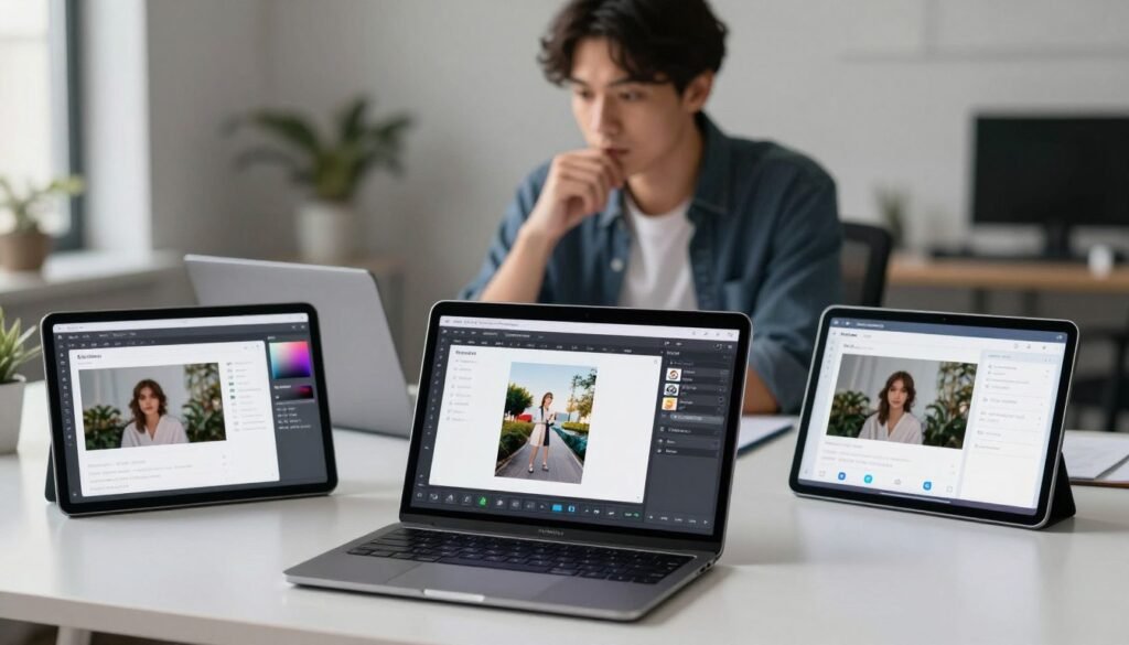 A visually striking image showcasing a comparison of various AI tools designed for object removal, featuring a sleek, modern workspace as the background. In the foreground, display three distinct AI tool interfaces on sleek digital tablets, each showing a before-and-after scenario of an object removal process. Use bright but focused lighting to illuminate the screens, while soft shadows enhance the professional atmosphere. In the middle ground, include a professional-looking individual in smart casual attire analyzing the tools, with a thoughtful expression, fostering a sense of innovation and intelligence. The overall mood should feel futuristic and polished, emphasizing the effectiveness and efficiency of AI technologies in creative design.