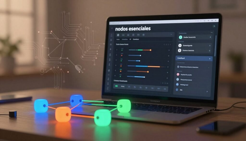 A visually striking representation of "nodos esenciales" in a ComfyUI environment. In the foreground, feature a collection of intricate, interconnected nodes, each glowing softly with vibrant colors like blue, green, and orange, symbolizing data flow and connectivity. In the middle ground, depict a sleek, modern interface displaying various options, sliders, and parameters that characterize the ComfyUI, illuminated by ambient lighting for a high-tech feel. The background should have a softly blurred digital workspace with faint outlines of circuitry and neural network patterns, creating a sense of depth. Use warm, inviting lighting to evoke a sense of creativity and exploration, with a slightly focused camera angle that draws attention to the nodes while maintaining a clear context of the UI ecosystem.
