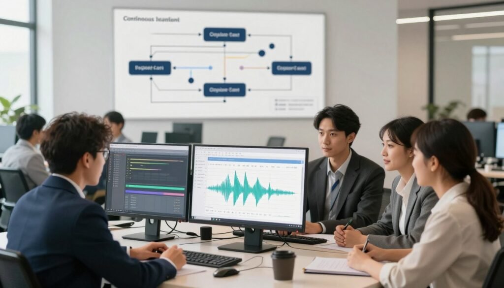 A visually striking representation of the concept of continuous improvement in text-to-speech conversion. In the foreground, a diverse team of professionals in smart business attire is engaged in a brainstorming session, surrounded by digital devices displaying waveforms and audio analytics. The middle layer features a sleek, modern workspace with elements like monitors showcasing text-to-speech software and a dynamic flowchart on the wall indicating progress metrics. The background presents a sophisticated office environment bathed in natural light, highlighting innovation and collaboration. Use soft, warm lighting to create an inviting atmosphere, with a shallow depth of field focusing on the team while softly blurring the background. The mood should convey a sense of achievement, growth, and professionalism.
