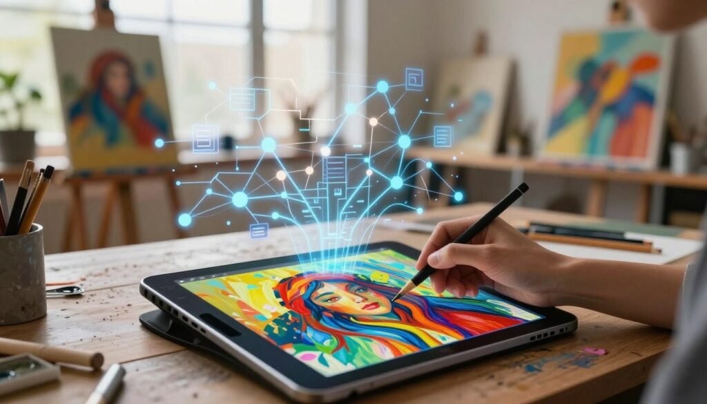 A visually striking representation of the fundamentals of style transfer in artificial intelligence. In the foreground, an artist's workspace is depicted, showcasing a digital tablet with a vibrant painting emerging, blending traditional brush strokes with pixel art. The middle ground features a translucent overlay of abstract algorithms and neural network patterns, symbolizing the technology behind AI. The background features a serene art studio with soft, natural light filtering through large windows, creating a warm and inspiring atmosphere. The scene is composed at a slight angle, providing depth and dynamic perspective. The mood is one of innovation and creativity, embodying the fusion of artistry and technology. The color palette is rich and inviting, with contrasting hues to emphasize the interplay between classic and modern art forms.