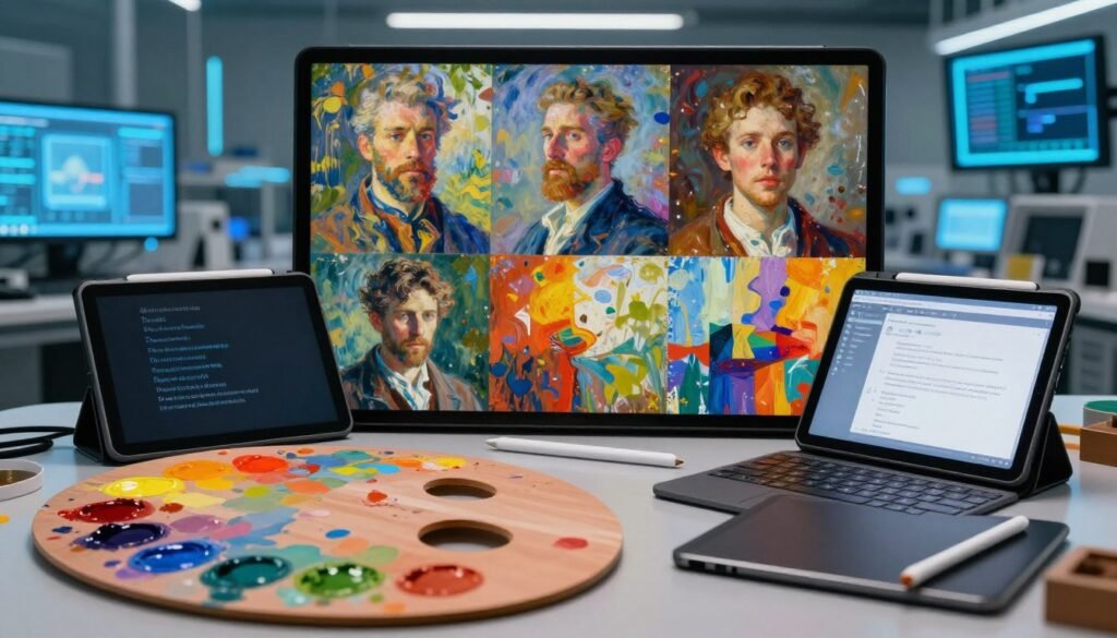 A visually striking representation of various artistic styles and image generation formats. In the foreground, display an artist's palette with vibrant colors and an assortment of digital devices, like a tablet and a stylus, symbolizing modern creativity. In the middle ground, showcase a diverse array of images depicting different visual styles, such as impressionism, realism, and abstract art, seamlessly blending into a digital workspace theme. The background should feature a high-tech lab environment with glowing screens and digital canvases, enhancing the futuristic atmosphere. Utilize bright, dynamic lighting to create a sense of innovation and exploration, with a slight focus depth to draw attention to the palette and devices. Aim for a mood of inspiration and creativity in this artistic fusion of traditional and digital techniques.