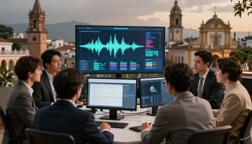 A visually striking scene depicting the concept of voice synthesis applications in Colombia. In the foreground, a diverse group of professionals, dressed in smart business attire, engages in a discussion, analyzing digital displays showcasing voice synthesis software. In the middle layer, a high-tech interface with graphs, waveforms, and audio visualizations reflects innovation in voice technology. The background features iconic Colombian landmarks subtly merging with modern tech elements, symbolizing the fusion of tradition and innovation. Soft, focused lighting enhances the tech environment, with warm tones to evoke a collaborative atmosphere. The angle is slightly elevated, providing a comprehensive view that captures both the human element and technological advancement. The overall mood is inspiring and forward-looking, illustrating the potential of voice synthesis in various applications across Colombia.