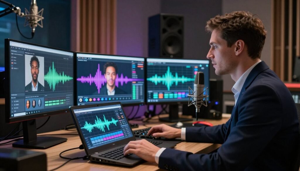 A visually striking scene that showcases the concept of voice optimization and personalization in audiovisual projects. In the foreground, a professional audio engineer, dressed in smart business attire, adjusts a sleek digital interface displaying sound waveforms and voice modulation options. The middle ground has multiple monitors showcasing different voice profiles and parameters, while vibrant sound waves visually flow between them. In the background, a large soundproof studio equipped with microphones and acoustic panels creates a high-tech atmosphere. Soft, focused lighting illuminates the engineer's face, reflecting concentration and creativity, while colorful LED lights add a modern touch. The overall mood is one of innovation and professionalism, capturing the essence of advanced AI technology in voice personalization for storytelling.